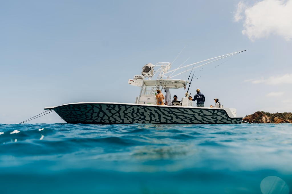 Drift Charters boat anchored in clear turquoise water in St. Thomas