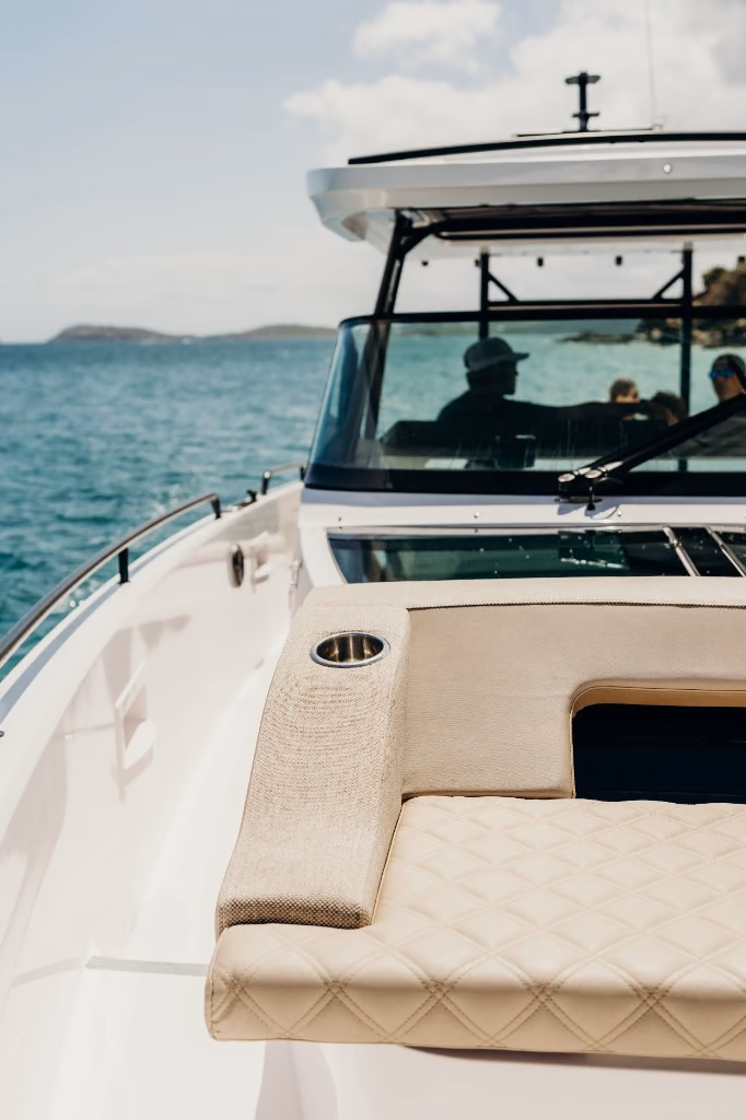 Plush bow seating aboard Her Deal, a 37' Axopar day charter boat